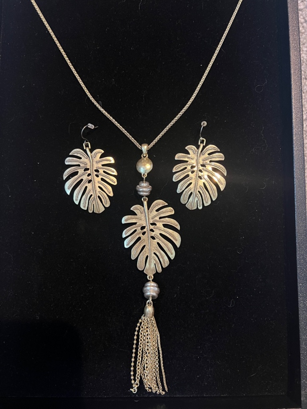 Gold Leaf Pendant Necklace and Earring Set - Women Jewelry
